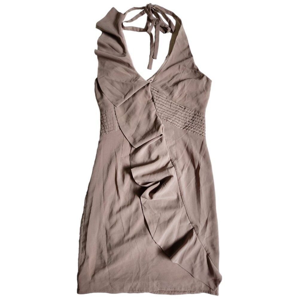 Very J brown ruffle front sleeveless halter v neck dress sz S